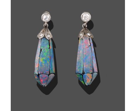 A Pair of Opal Doublet and Diamond Drop Earrings, the briolette opal doublet with a white cap set with five old cut diamonds 
