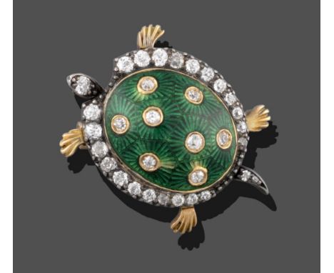 An Enamel and Diamond Tortoise Brooch, its body enamelled in green and set throughout with old cut diamonds, to a border of g