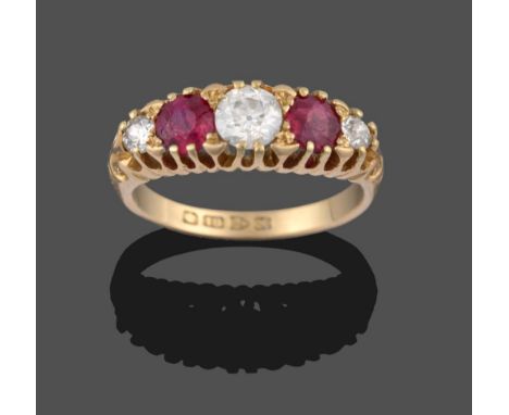 A Diamond and Ruby Five Stone Ring, three graduated old cut diamonds alternate with two round rubies, in yellow claws, in a b