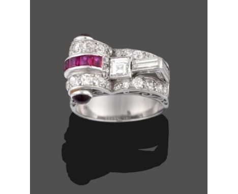 An Art Deco Style Ruby and Diamond Ring, the geometric and scroll form set with baguette cut, princess cut and old cut diamon