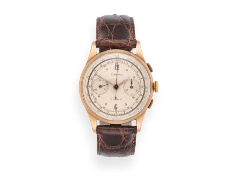 An 18ct Gold Chronograph Wristwatch, signed Temporis, circa 1950, lever movement, silvered dial with Arabic and dot markers, 