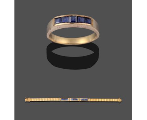 A Sapphire and Diamond Bracelet, three sections of six step cut sapphires spaced by pairs of round brilliant cut diamonds in 