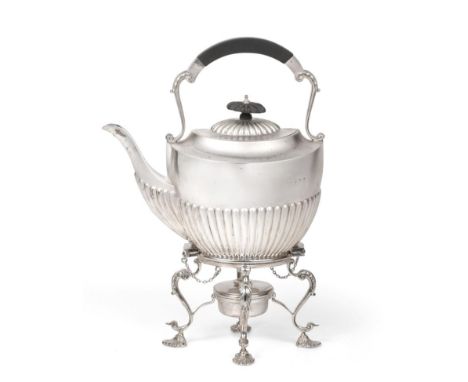 A George V Silver Kettle, Stand and Lamp, by Jones and Crompton, Birmingham, 1919, the kettle part-fluted and with overhead p