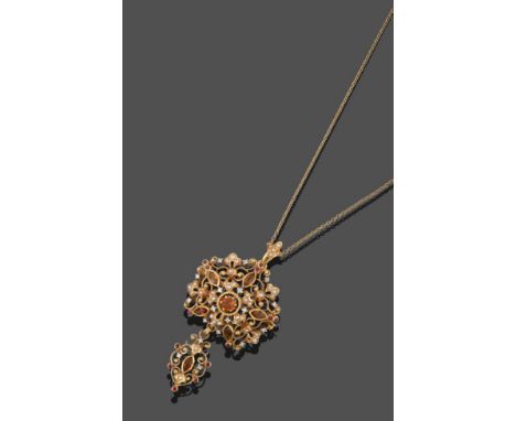 A Citrine, Ruby, Diamond and Seed Pearl Brooch/Pendant on Chain, a central citrine star form comprised of a round cut citrine