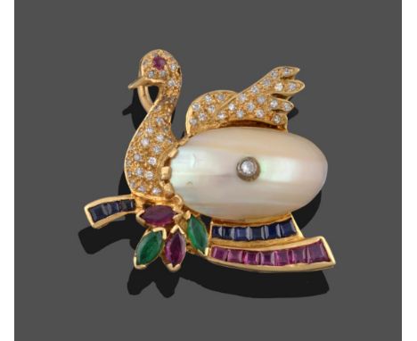 A Mother-of-Pearl, Ruby, Emerald, Sapphire and Diamond Swan Pendant, the swan realistically modelled with its wings raised, t