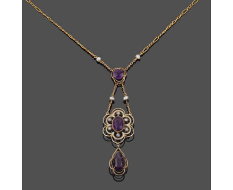 An Early 20th Century Amethyst, Diamond, Seed Pearl and Enamel Pendant Necklace, a round cut amethyst chain linked to the mai