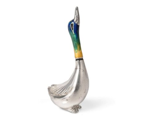 A Silver and Enamel Model of a Mallard Duck, With English Import Marks for Mappin and Webb, London, 1994, modelled with the e