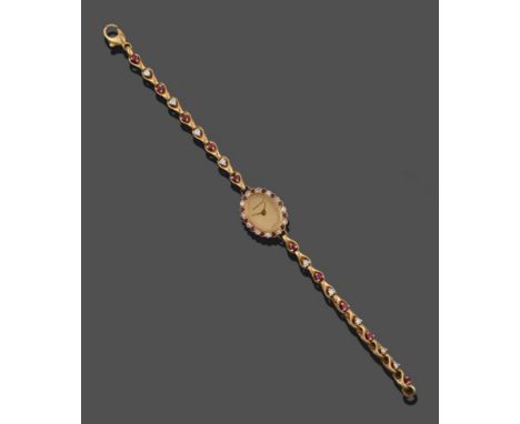A Lady's Diamond and Ruby Set Wristwatch, signed Bueche Girod, circa 1980, quartz movement, champagne coloured dial, round br