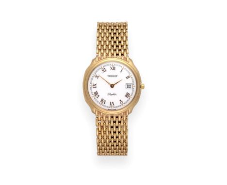 A 9ct Gold Calendar Wristwatch, signed Tissot, model: Saphir, circa 1990, quartz movement, white dial with Roman numerals, da