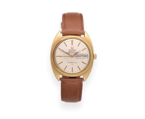 A Gold Plated Automatic Day/Date Centre Seconds Wristwatch, signed Omega, chronometer Officially Certified, model: Constellat