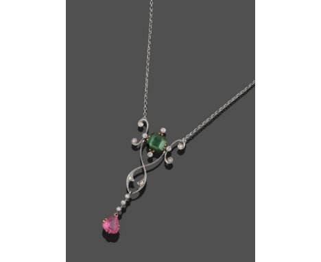 An Early 20th Century Diamond, Pink and Green Tourmaline Necklace, an octagonal step cut green tourmaline with diamonds colle