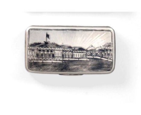 A Russian Silver and Niello Snuff-Box, Cyrillic Maker's Mark, Moscow, 1883, oblong, the hinged cover nielloed with a view of 