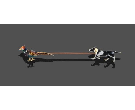 A Novelty Stick Pin, an enamel pheasant pin with an enamel border collie dog catch, length 7.4cm see illustration .  The pin 