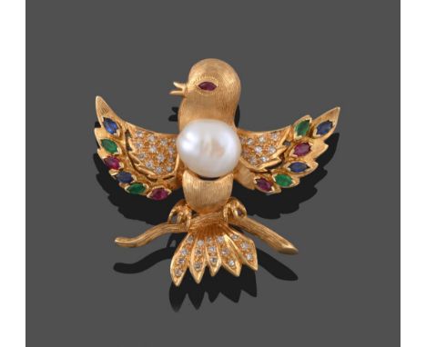 A Cultured Pearl, Ruby, Emerald, Sapphire and Diamond Bird Brooch, the bird realistically modelled with its wings outstretche