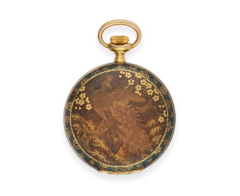 A Gilt Metal Open Faced Pocket Watch Elaborately Decorated with Peacocks, early 20th century, lever movement stamped B&amp;M,