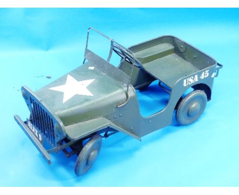 A vintage Tri-ang pressed steel Jeep pedal car, circa 1950's, green with US army markings, some parts repainted, 38½in (98cm)