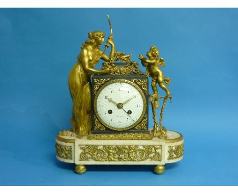 A French Empire ormolu and marble Mantel Clock with calendar, the enamel dial signed "Kinable", with black Roman numerals for