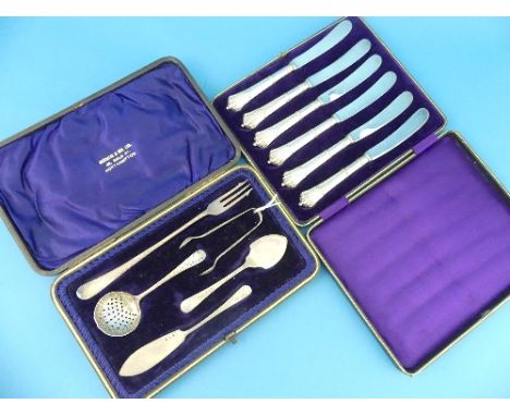 A late Victorian cased silver Serving Set, by W.H.Lyde, hallmarked Birmingham, 1899, comprising pickle fork, sugar tongs, sif