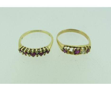 A Ring, set with five graduated rubies with two vertical diamonds between each, all mounted in 9ct yellow gold, Size P½, toge