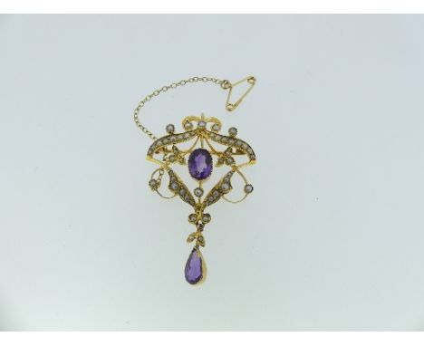 An Art Nouveau style Pendant / Brooch, the open framework set seed pearls, with central facetted amethyst and amethyst drop, 