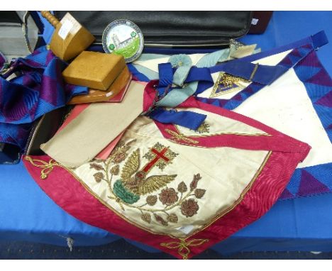 A Collection of Masonic Related Items, including breast and collar jewels, aprons (inc. Rose Croix), ties, sash, gavel, ritua