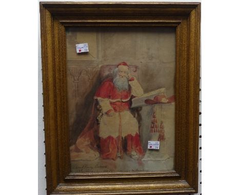Edward Henry Corbould (British, 1815-1905), Cardinal in red robes asleep in ecclesiastical throne, watercolour sketch, signed