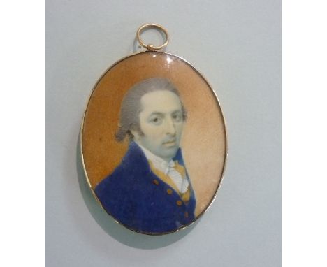 Circle of Charles Robertson (Irish, 1771-1840), oval portrait miniature of a gentleman in blue coat, watercolour on ivory, in