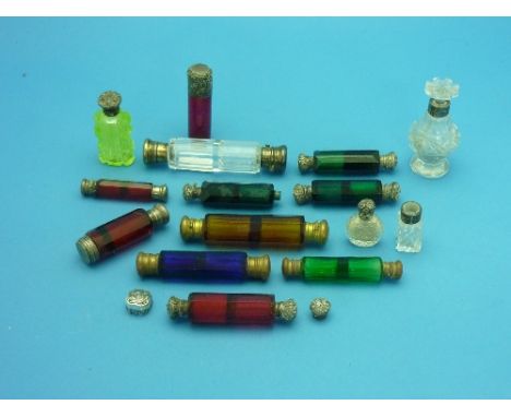 A collection of fifteen Glass Scent Bottles, including nine double ended bottles, variously coloured, some silver mounted, af