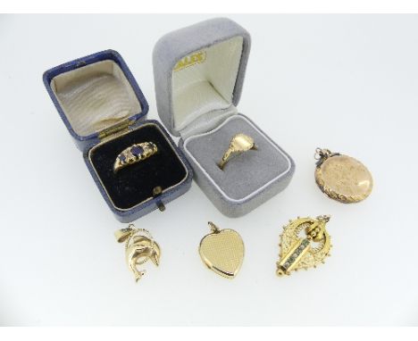 A small collection of Jewellery, including a small 14ct dolphin pendant, a 9ct heart shaped hinged locket, a sapphire and dia