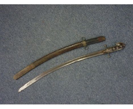 An antique Turkish Ottoman style Sword, the horn grip mounted in metal with four-point stars and silvered wire, a cross-guard