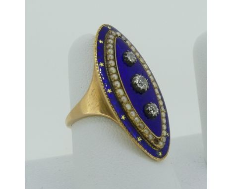 A Georgian closed back diamond and enamel Ring, of marquise shape, the blue enamel ground set with seed pearl surround, one m