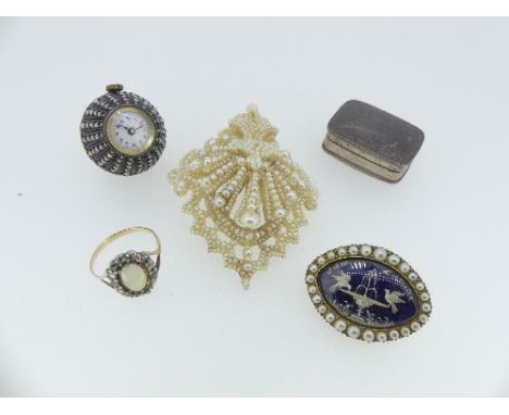 A small collection of Jewellery, including an oval brooch with a surround of seed pearls, the centre set with a raised pictur