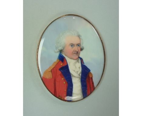 Attributed to Frederick Buck (Irish, 1771-1840), oval portrait miniature of an officer in red uniform, watercolour on ivory, 