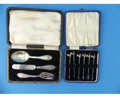 A cased George VI silver child's Knife, Fork &amp; Spoon Set, by Barker Brothers Silver Ltd., hallmarked Birmingham/Sheffield