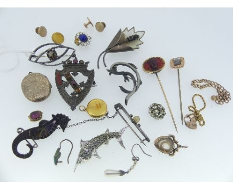 A collection of Jewellery, including a red hardstone carved cameo stickpin, probably converted from a ring, depicting a youth