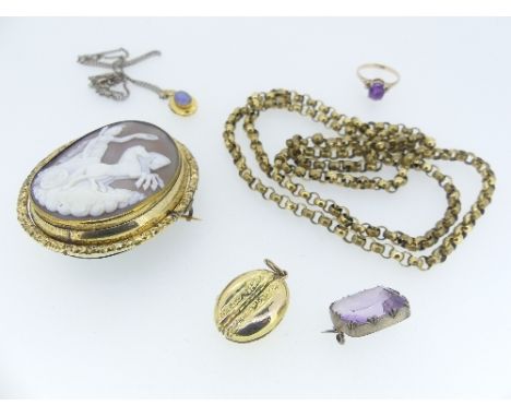 A small quantity of Jewellery, including a good shell cameo of Victory in horse drawn chariot, gilt metal mount with box and 