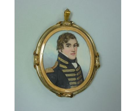 Attributed to Frederick Buck (Irish, 1771-1840), oval portrait miniature of an officer in black uniform, watercolour on ivory