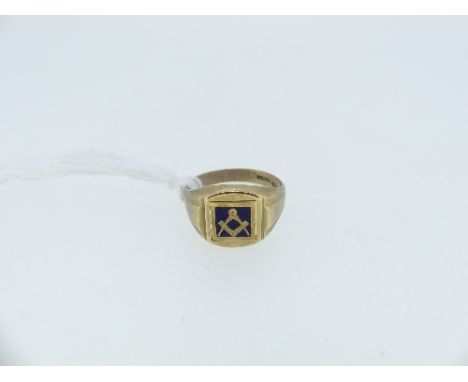 Masonic Interest; A 9ct yellow gold swivel Signet Ring, one side of a set square and compass on blue enamel ground, the rever