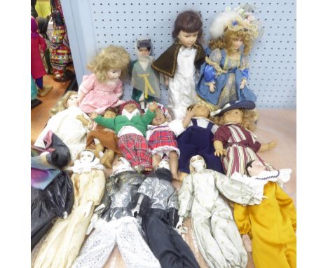 SIXTEEN DOLLS INCLUDING SIX VENETIAN PIERROT STYLE DOLLS with ceramic hands and fabric bodies; 5 MODERN CHARACTER DOLLS with 