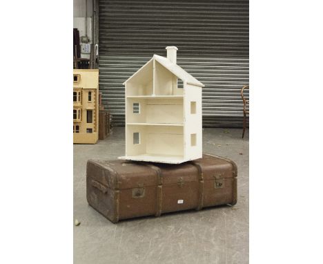 CABIN TRUNK AND A WHITE PAINTED DOLLS HOUSE 