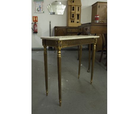 A LOUIS XVI STYLE CONSOLE TABLE, VEINED MARBLE TOP OVER GILT STAND WITH FLUTED REEDED SUPPORTS 