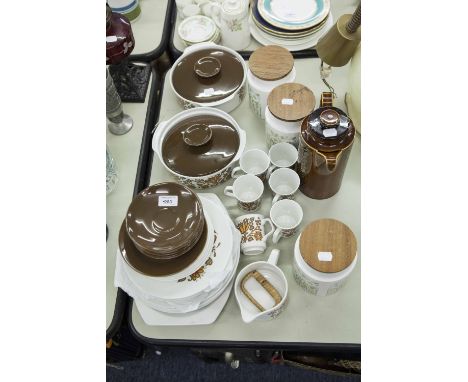 A COLLECTION OF MEAKIN TABLE WARES WITH BROWN AND ORANGE FLORAL DECORATION TO INCLUDE; 2 TUREENS WITH COVERS, 6 COFFEE CUPS A