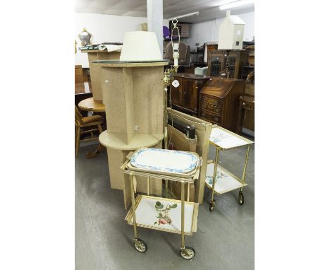 THREE CIRCULAR CHIP BOARD TABLES, WITH LOOSE GLASS TOPS, TWO FOLD AWAY CARD TABLES, 2 GILT METAL TEA TROLLEYS AND A GILT STAN