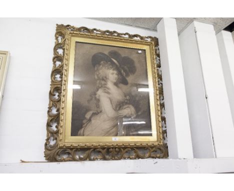 LARGE MONOCHROME PRINT OF A LADY,  AFTER GAINSBOROUGH  IN ORNATE GILT FRAME 