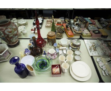 A RUBY GLASS LARGE CONICAL BOTTLE ORNAMENT, WITH SPIRE SHAPED STOPPER AND VARIOUS GLASS AND CERAMICS ETC.... 