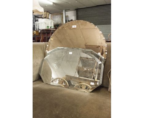 CIRCA 1930's PINK TINTED WALL MIRROR, CIRCULAR WITH SHAPED BORDER, 24" DIAMETER AND TWO OTHER FRAMELESS WALL MIRRORS, ONE WIT