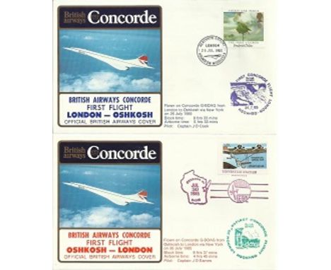 Concorde flown cover. Concorde first flight London – Oshkosh, 30th July 1985.  Flown by Capt J D Eames. Unusual Oshkosh map p