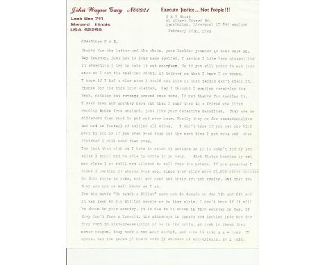 Incredibly rare John Wayne Gacy signed typed letter. Gacy was a convicted serial killer and sentenced to death in 1994. This 