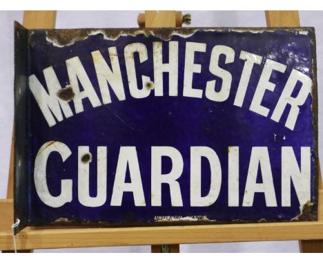 Vintage advertising: enamelled wall mounting sign, Manchester Guardian, double sided with right angled bracket, 38 x 25 cm. P