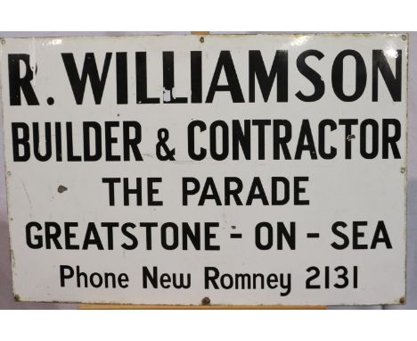 Vintage commercial: enamelled wall mounting sign, R. Williamson Builders &amp; Contractor, Greatstone-On-Sea, 92 x 61 cm. Ple